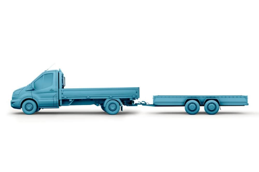 Schizzo blu di un Ford Transit Chassis con rimorchio agganciato. 