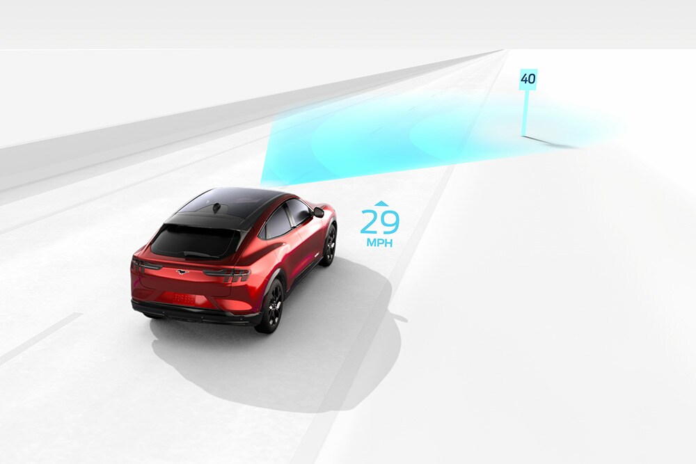 Grafica che mostra il Sistema di riconoscimento dei segnali stradali su un veicolo Ford.