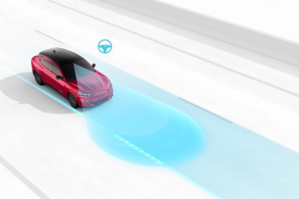 Grafica che mostra il Sistema di mantenimento della corsia su un veicolo Ford.