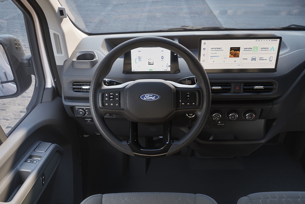 The interior view of the Ford Transit City dashboard