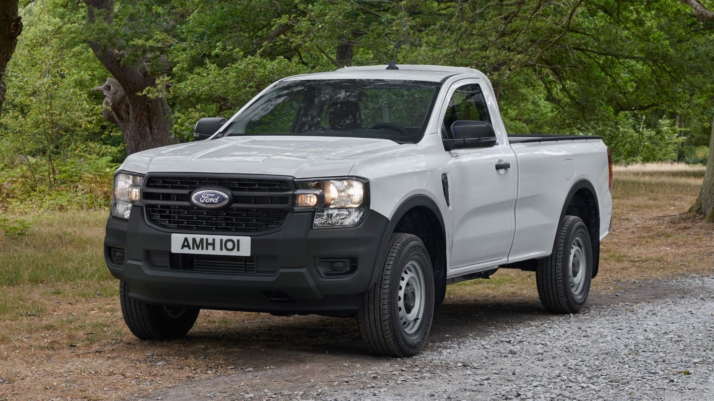 All-New Ford Ranger 3/4 front view parked on gravel road