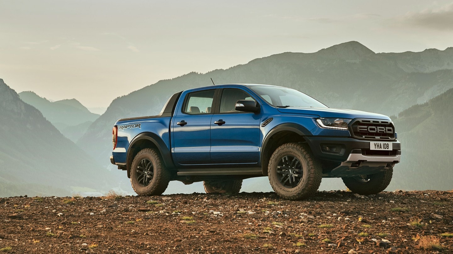 Ford Ranger Raptor parked in the middle of mountains
