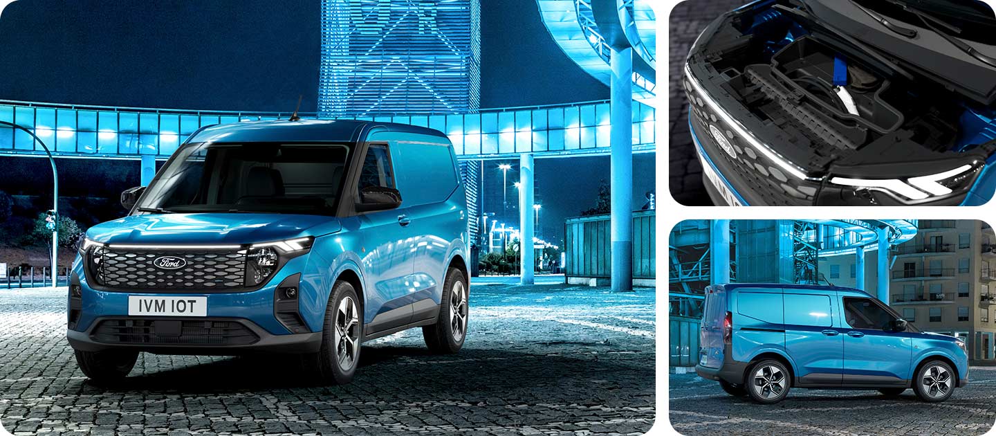 Ford E-Transit Courier Vista frontale blu