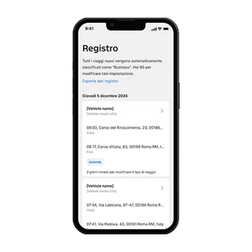 Screenshot Ford Pro Telematics Drive con un registro che mostra i viaggi recenti di un veicolo.