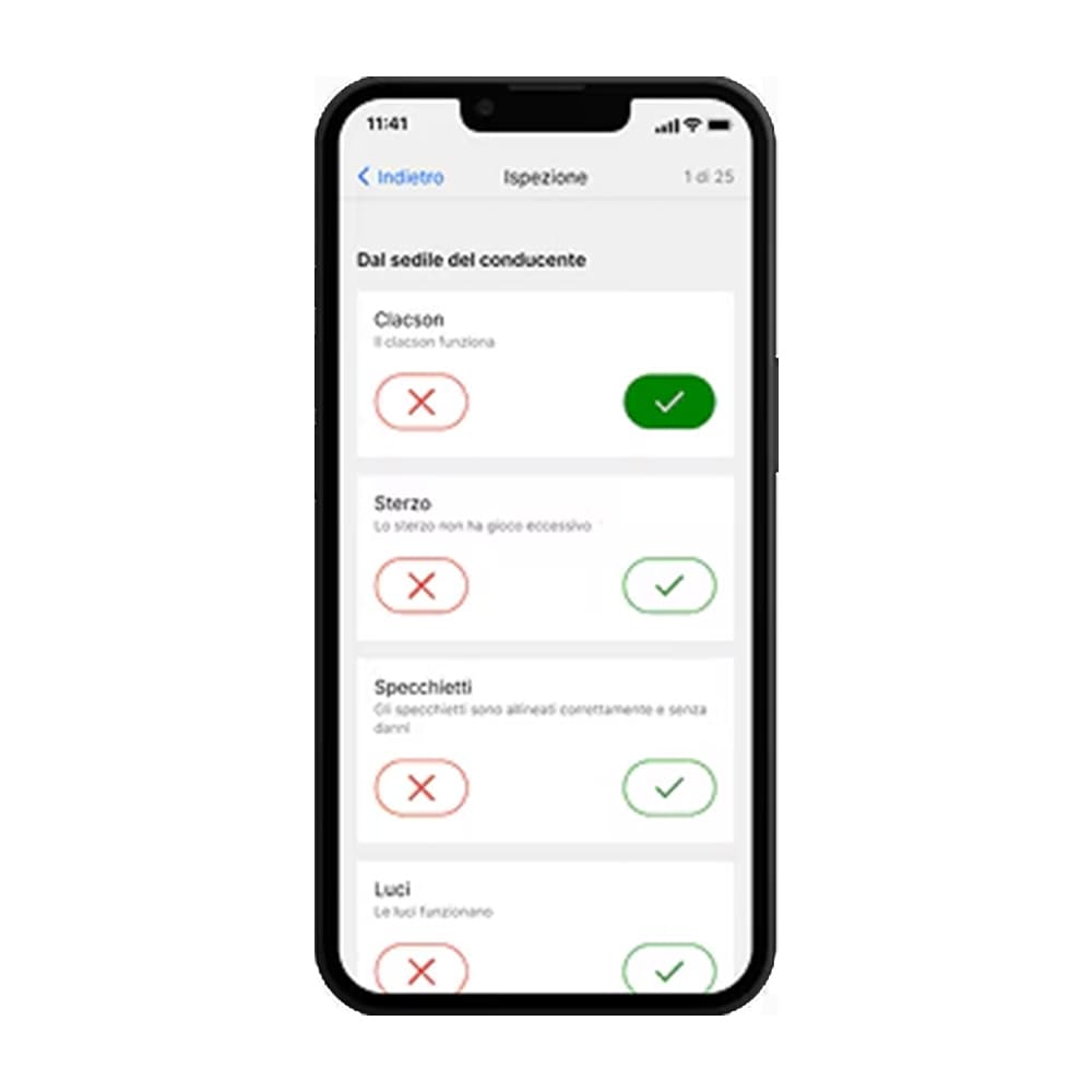Screenshot Ford Pro Telematics Drive che mostra una checklist di ispezione del veicolo.