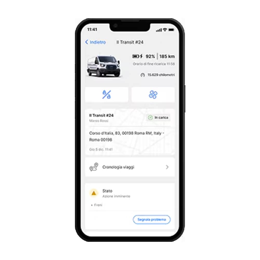 Vista Ford Pro Telematics Drive di una pagina veicolo, che mostra vari indicatori.