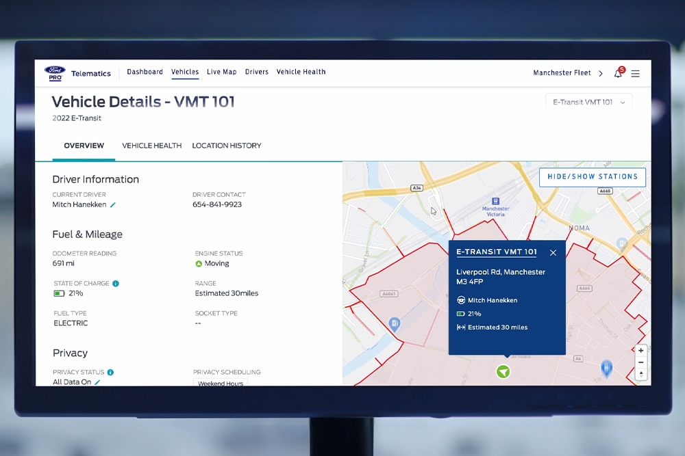 Un dashboard che mostra la funzione di tracciamento GPS della flotta Ford.